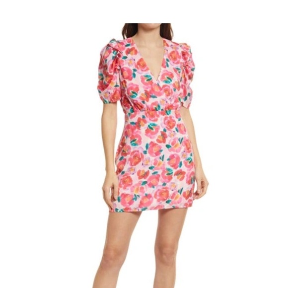 Adelyn Rea , Pauline Floral Puff Sleeve Minidress In Hot Coral, NWT - Picture 1 of 9